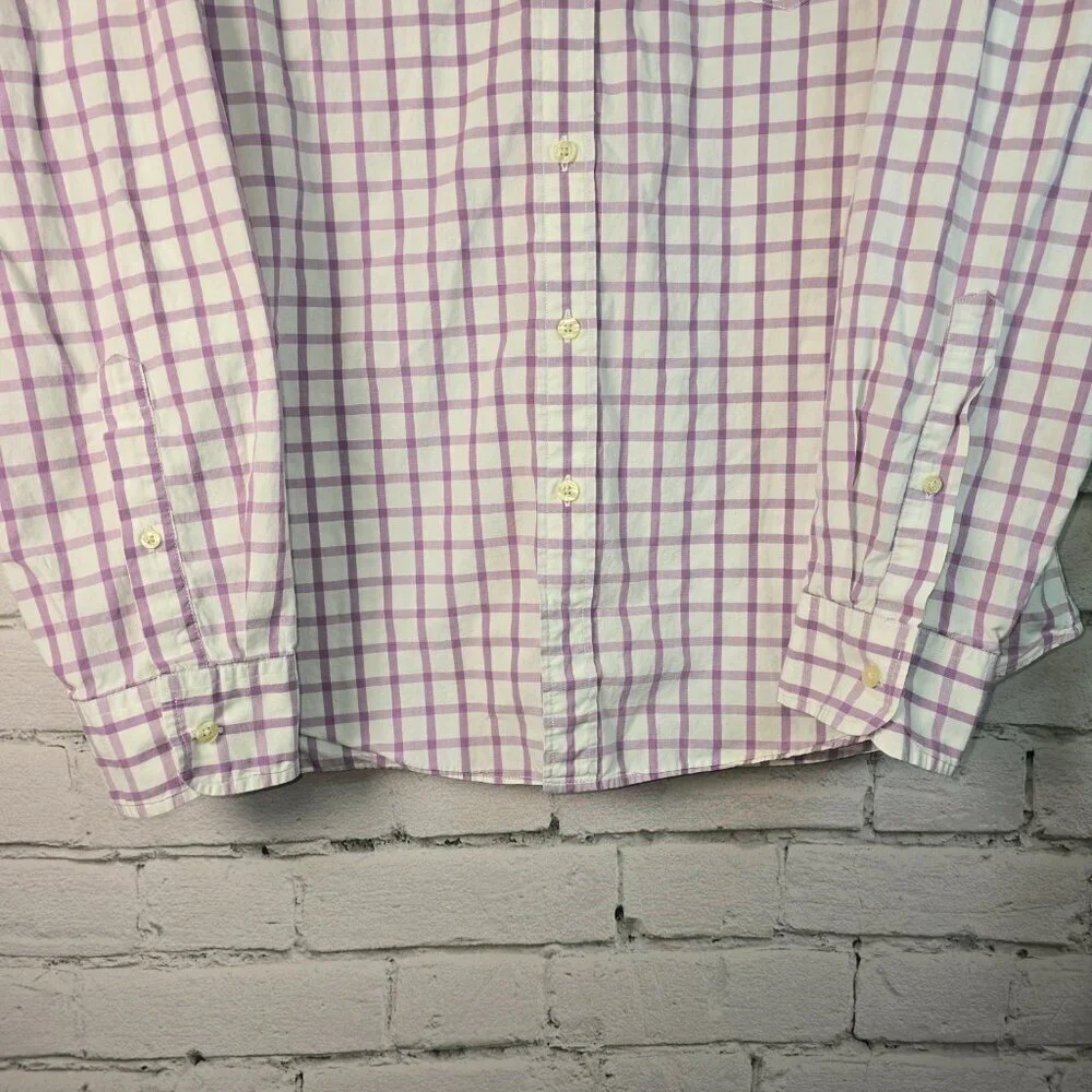 J. CREW MENS LONG SLEEVE BUTTON DOWN WHITE WITH PURPLE WINDOWPANE PRINT SIZE XL